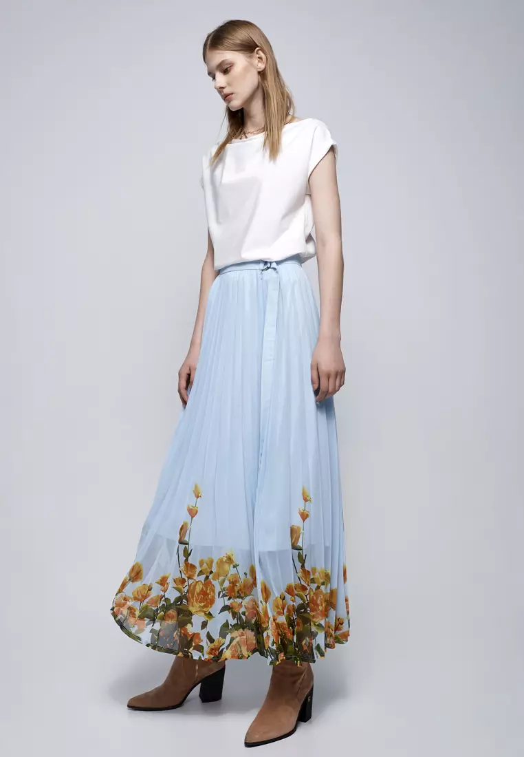 Blue Pleated Chiffon Skirt With Contrast Floral Print