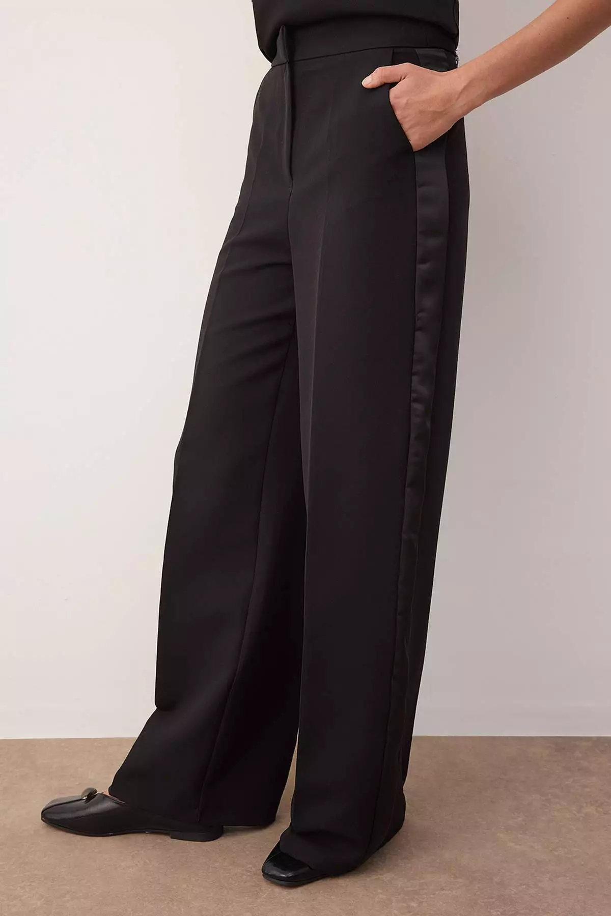 Black Wide Leg Trousers With Satin Stripe Detail On The Side