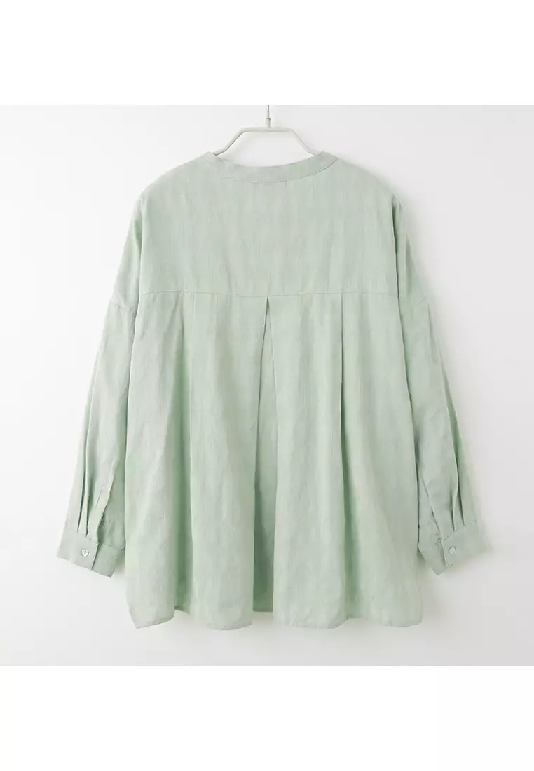 立體織紋中山領前短後長貝殼排扣寬鬆襯衫《AB19254》