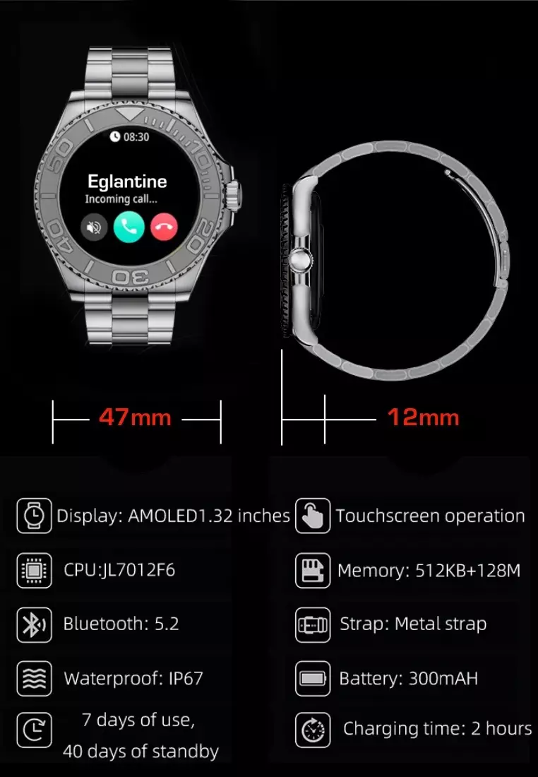 Sport/Luxury Smart Watch, Daily Life Waterproof, Stainless Steel Bracelet + 1 free Silicone Strap