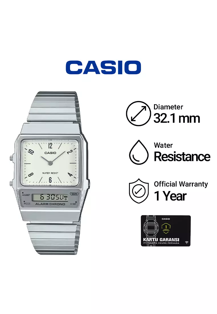 Casio Vintage Analog Digital AQ-800E-7A2 Jam Tangan Unisex - White Dial Silver Stainless Steel