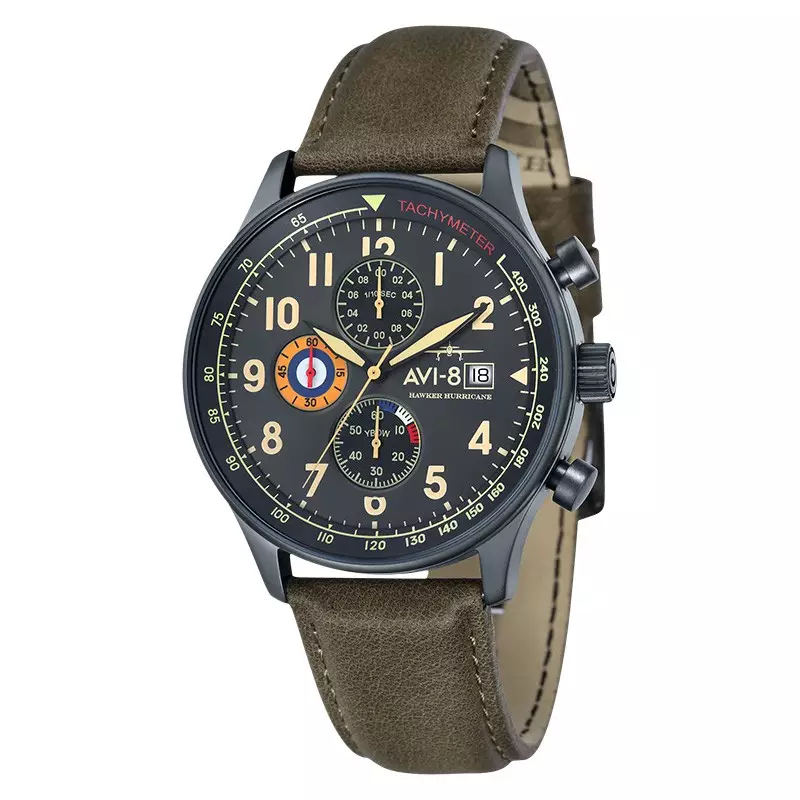 Jam Tangan Pria AVI 8 Hawker Hurricane AV 4011 0E Classic Chronograph Gun Dial Army Green Leather Strap