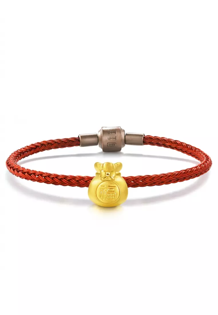 999 24K Solid Gold Cultural Blessings Auspicious Fortune Bag Charm 89197C (Bracelet not included)