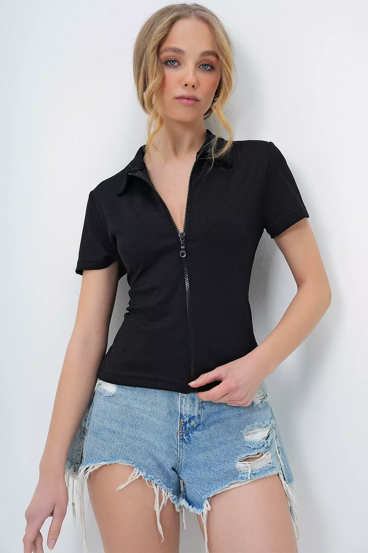 Women's Black Polo Neck Front Zip Short Sleeve Blouse