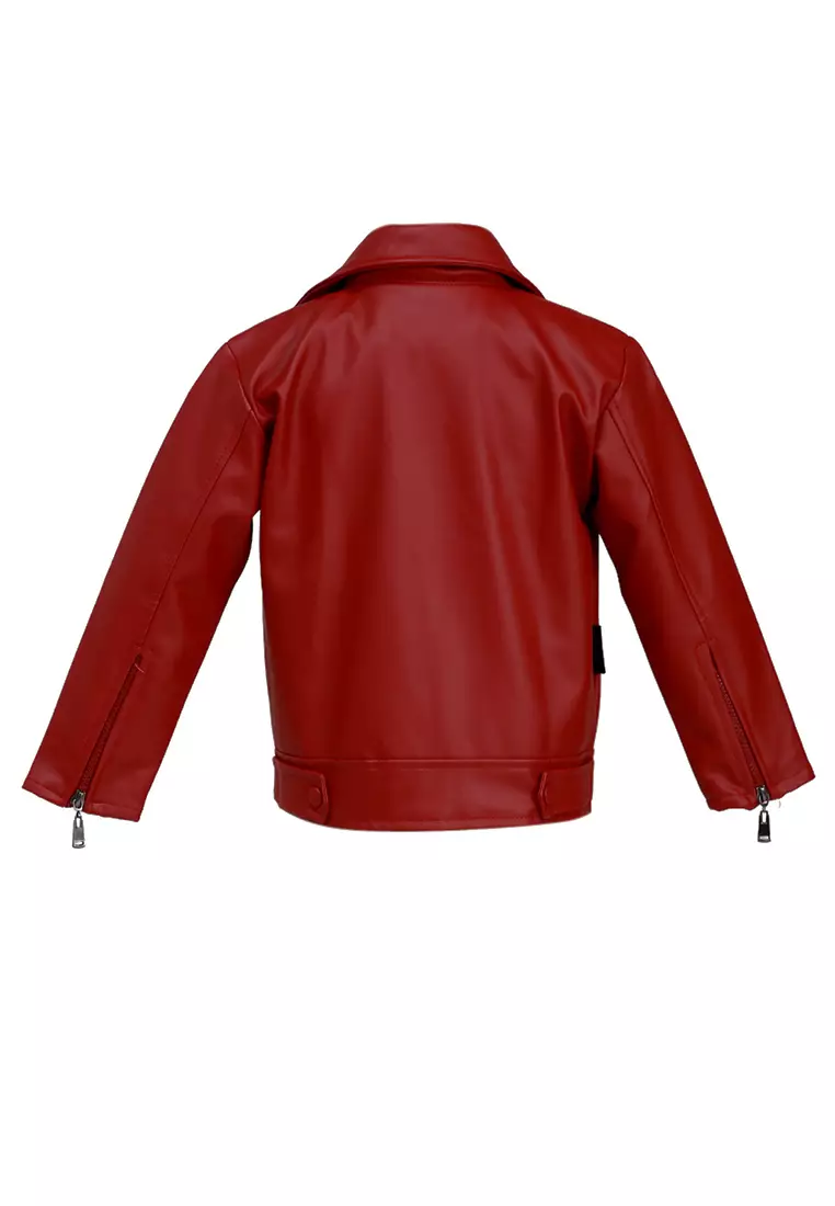 Fisca Jaket Kulit Anak Perempuan Zipper Design Motif Polos Material Leather ORIGINAL - Red