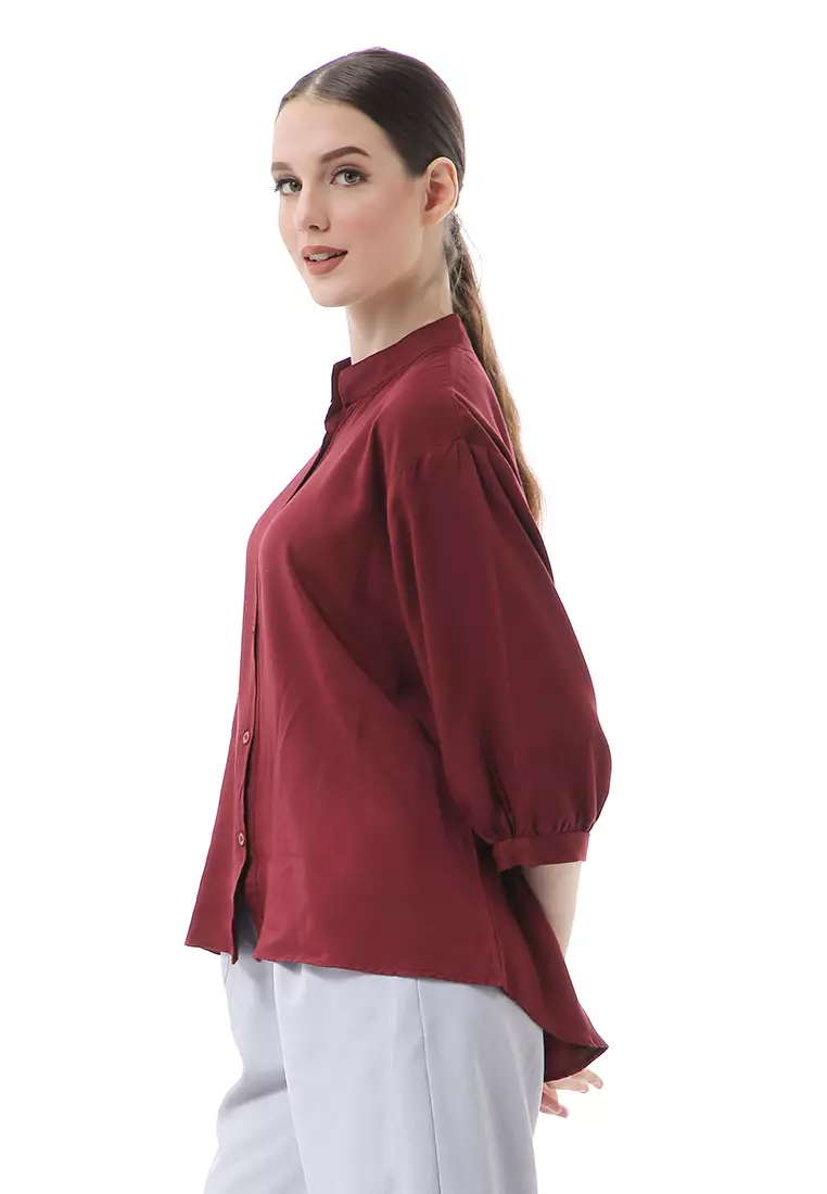 Ghita Kemeja Atasan Wanita Motif Polos Long Sleeve High Quality - Maroon