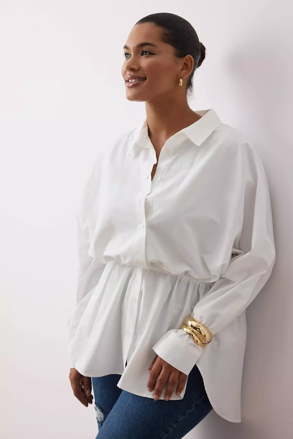 米白色 皺褶 梭織 加大碼 恤衫 Tbbaw26Ax00000