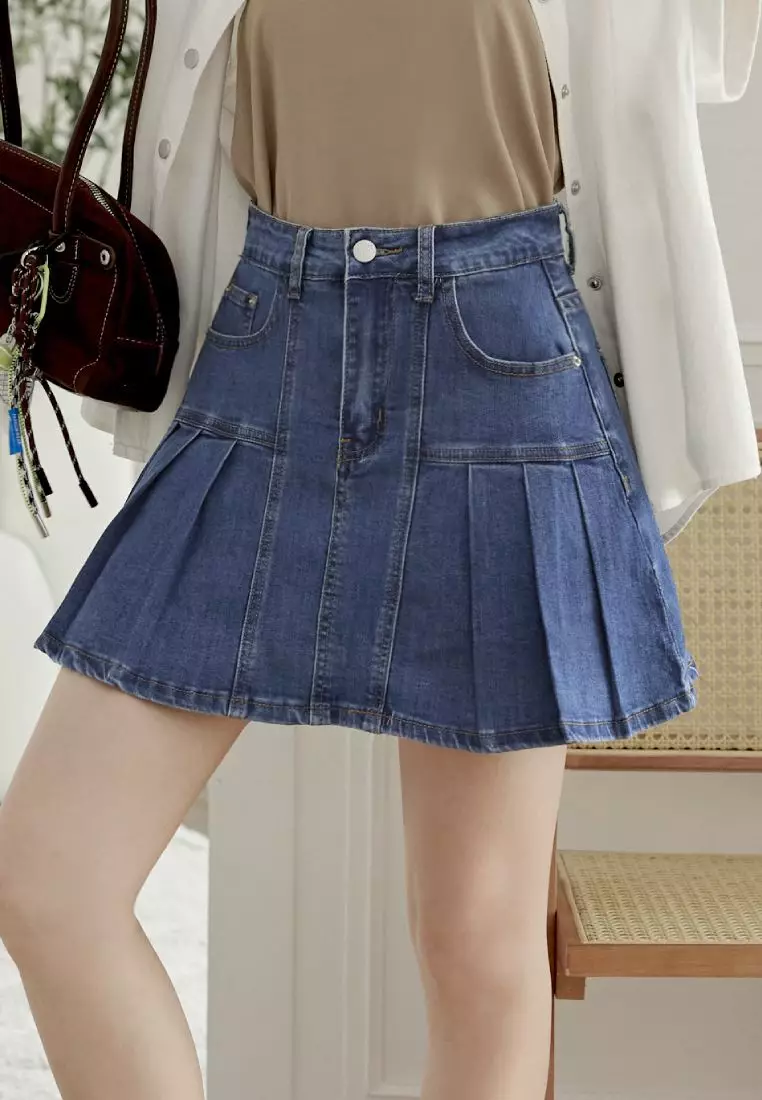 Denim Pleated Mini Skirt [CA3128]