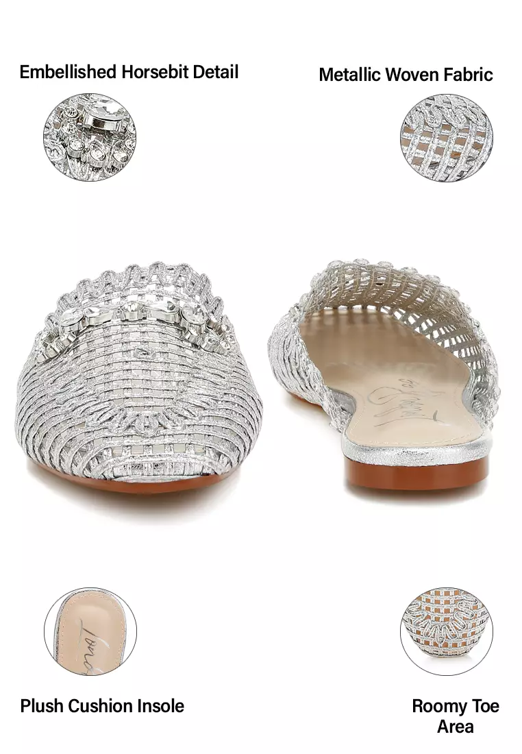 Metallic Woven Diamante Mules in Silver