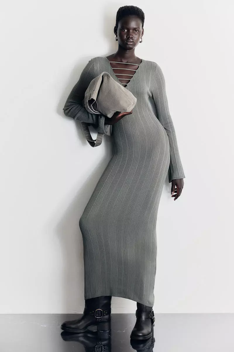 rib knit dress h&m grey Women's Light dusty grey Shimmering rib-knit dress
