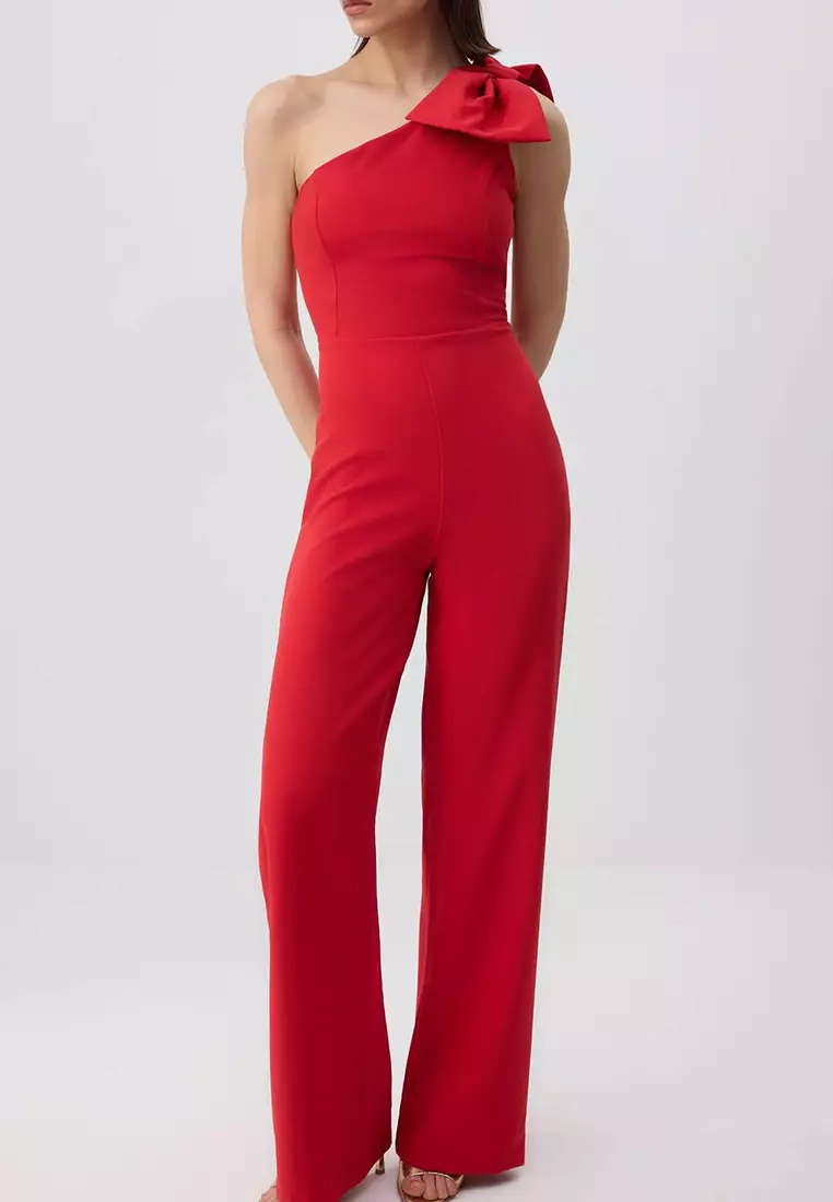 Red Plain Asymmetric Collar Sleeveless Bow Woven Finike Stylish/Night Jumpsuit
