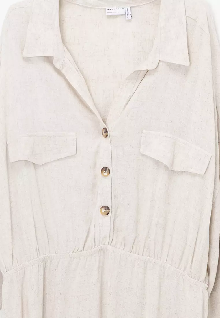 Curve Linen Drop Shoulder Shirt Dress With Asymmetric Skirt