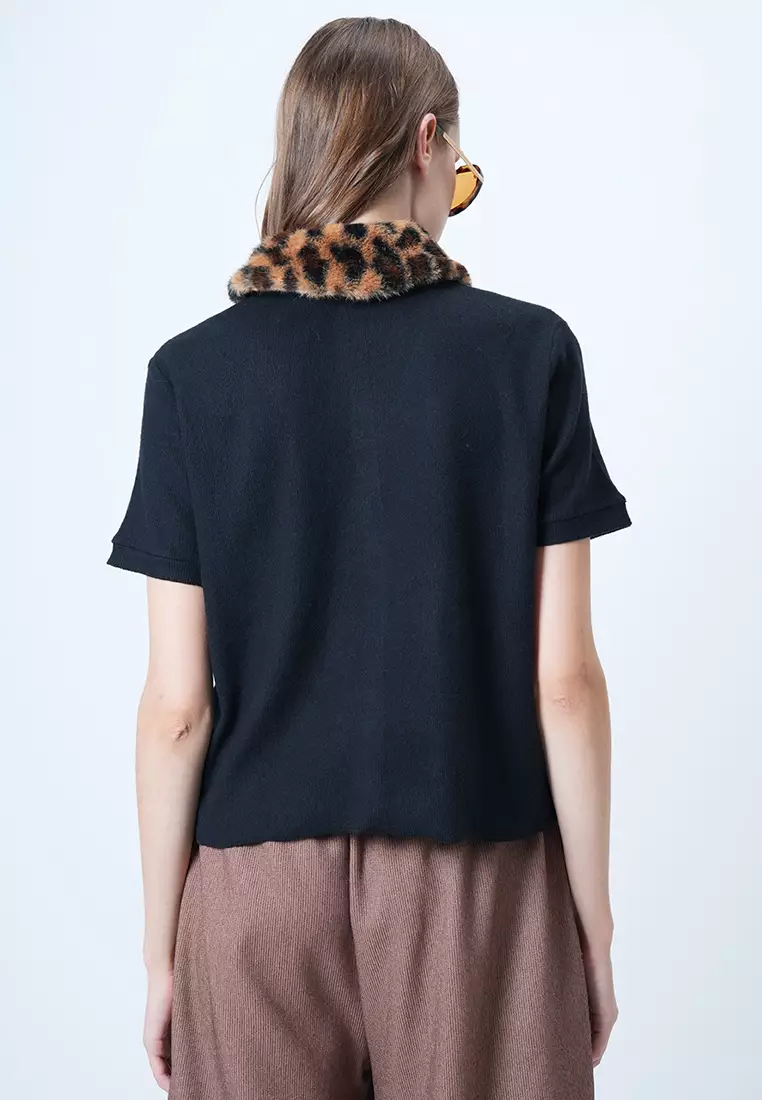 Leopard Detachable Fur Detailed Knitted Blouse