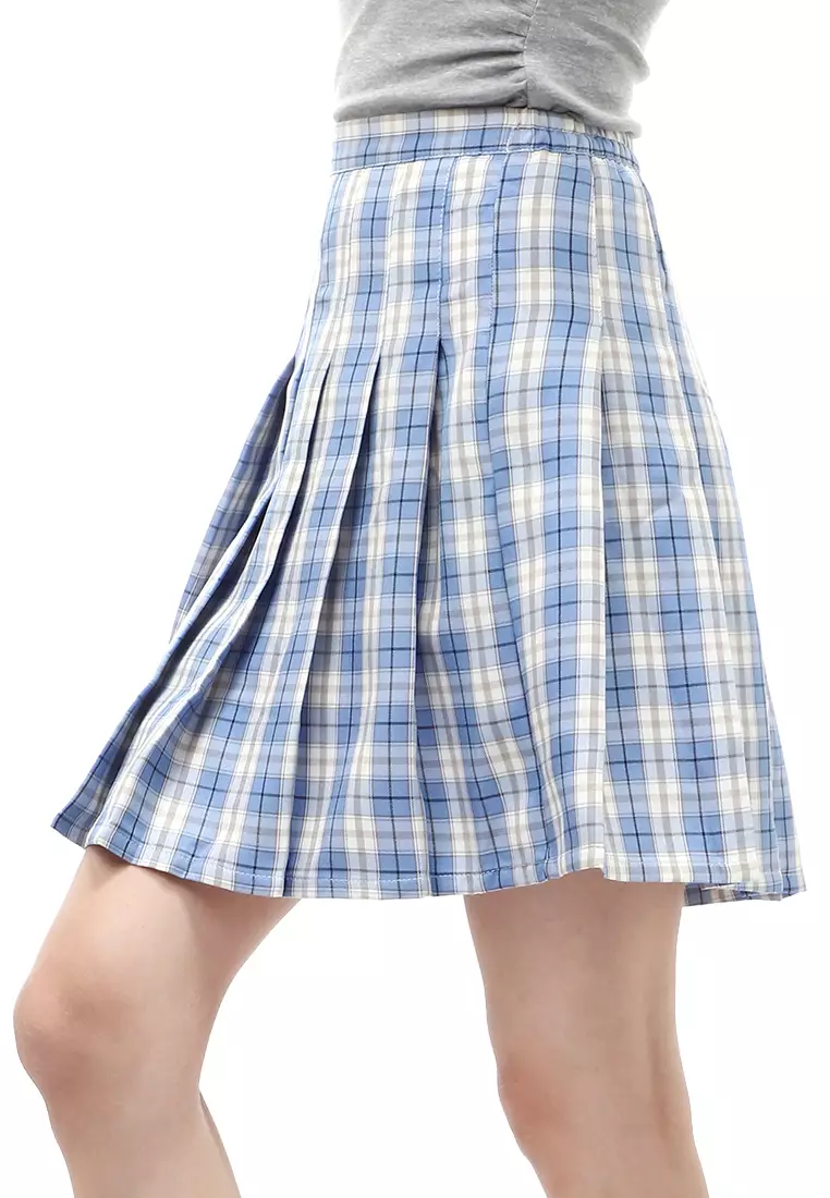 Rok Midi Wanita Motif Tartan Rubbery Waist Design Simple - Blue
