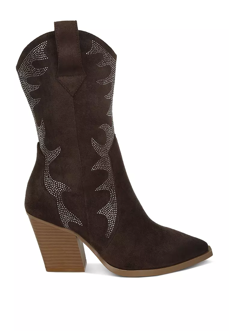 Rhinestones Embellished Calf Boots in Brown