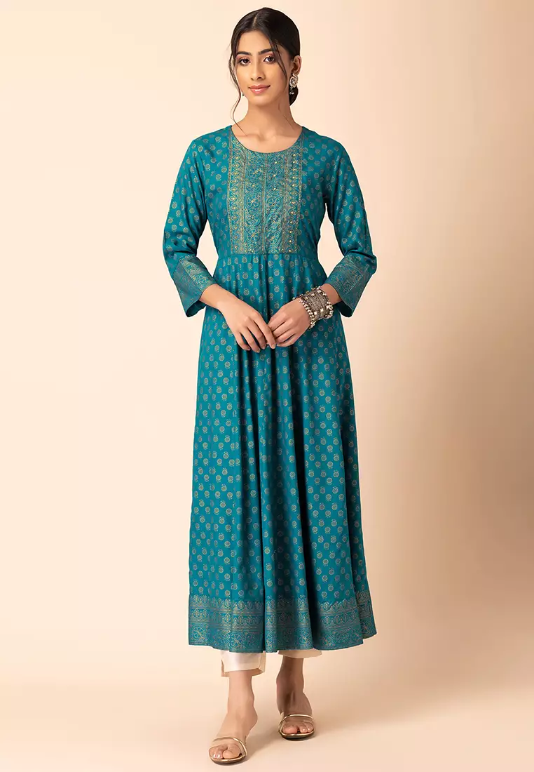 Buy Indya Teal Blue Floral Foil Print Rayon Anarkali Kurta Online