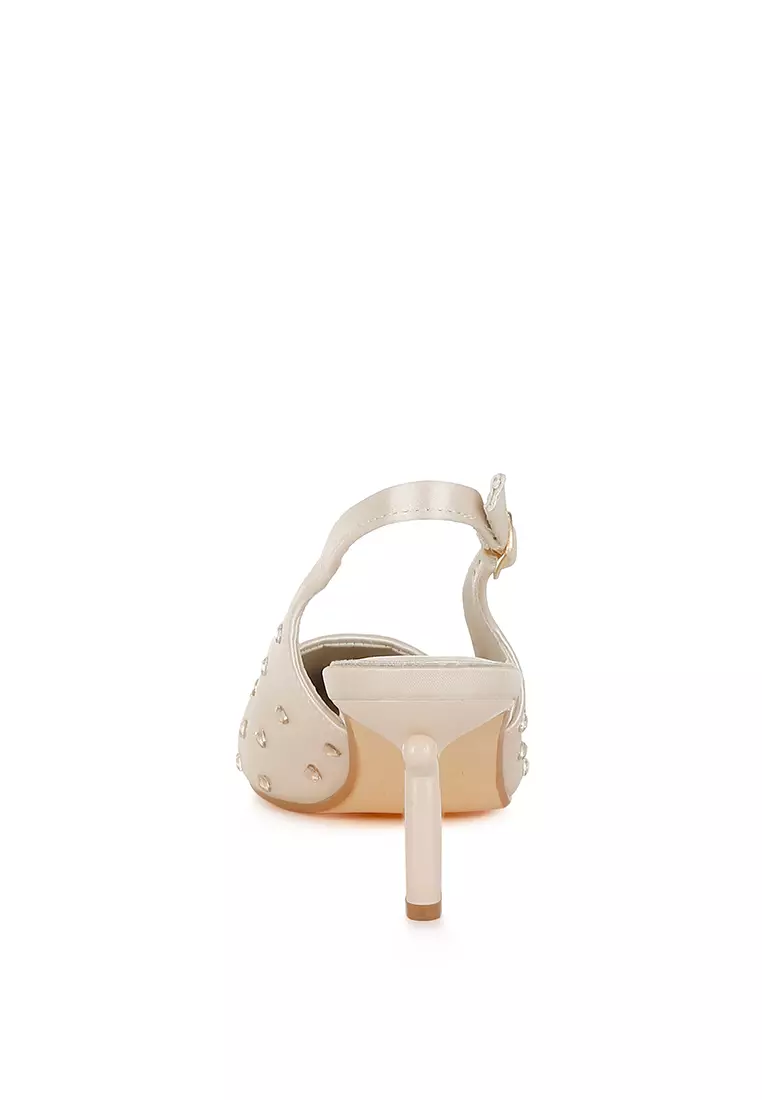 Heart-Shaped Rhinestone Studded Slingbacks in Beige
