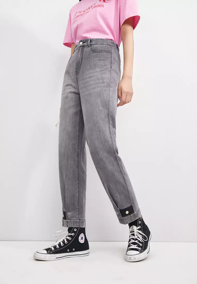 Button Zip Fly Washed Jeans