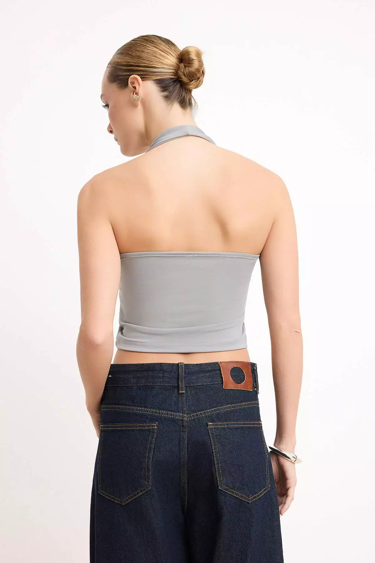 Navy Blue-Grey Melange Halter Neck Bodycon Crop Stretchy Knitted Blouse Twoaw26Bz251