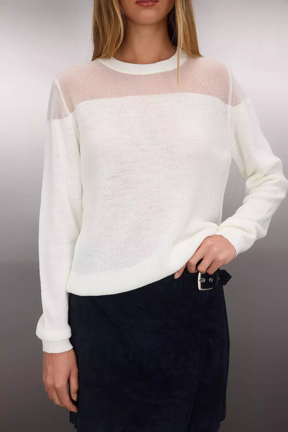 Ecru Glittery Transparent Detailed Knitwear Sweater