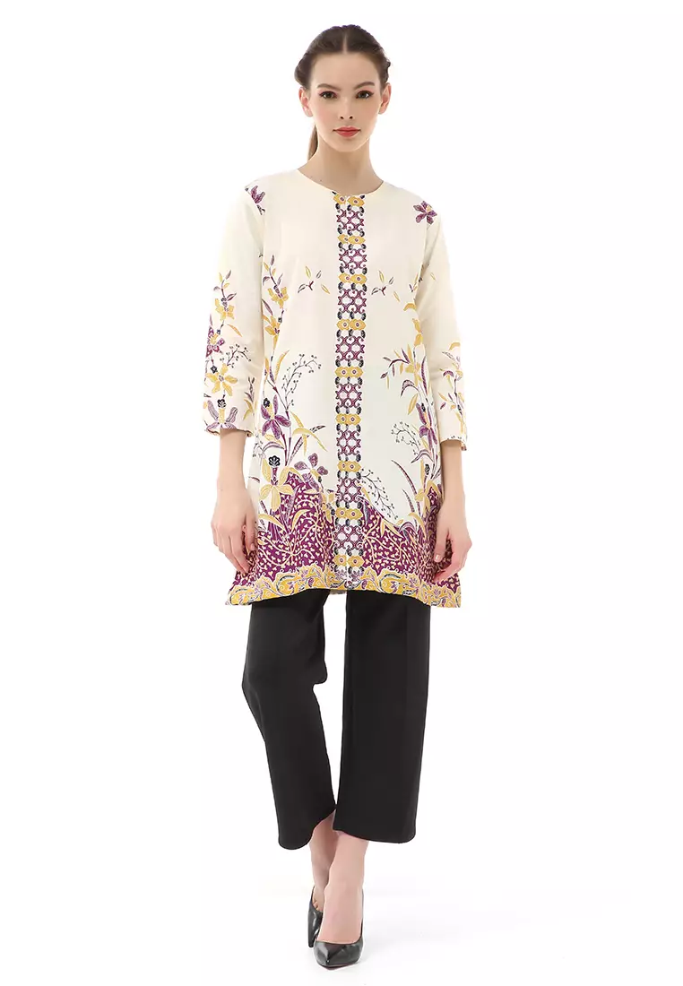 Olaf Atasan Batik Wanita Tunik Traditional Motive Simple Design Material Cotton ORIGINAL - White Brown