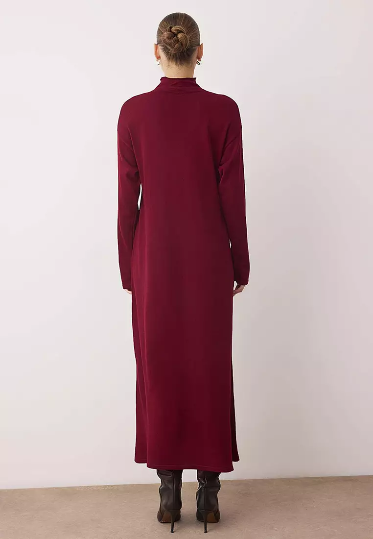 Burgundy Pearl Accessory Detailed Knitwear Dress Tctaw26Eb00061