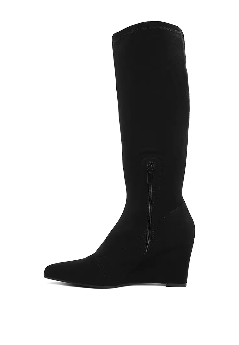 Microfiber Wedge Heel Boots in Black