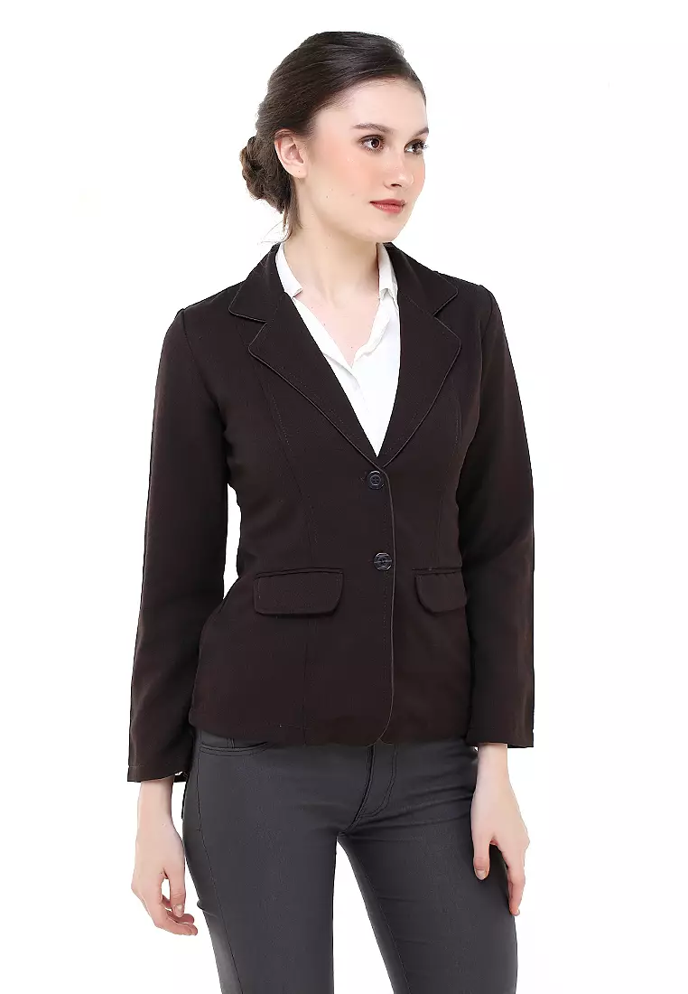 Qemsya Jas Blazer Wanita Korean Style Formal Longsleeve Suit Material Polyester ORIGINAL - Dark Brown