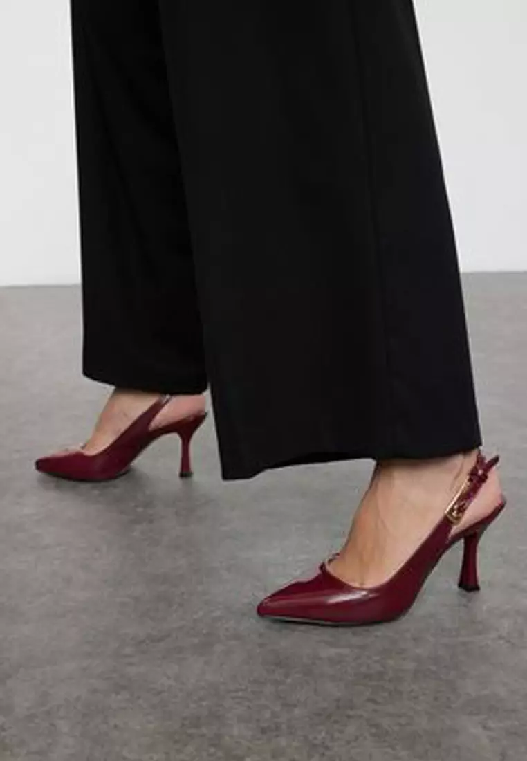 Pointed Toe Claret Red Thin Heeled Women's Shoes - Gold Buckle, Open Back