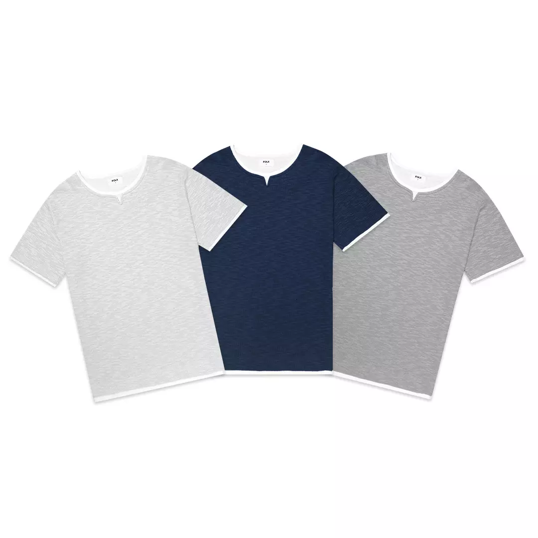 U Collar Faux Layered T-Shirt Navy