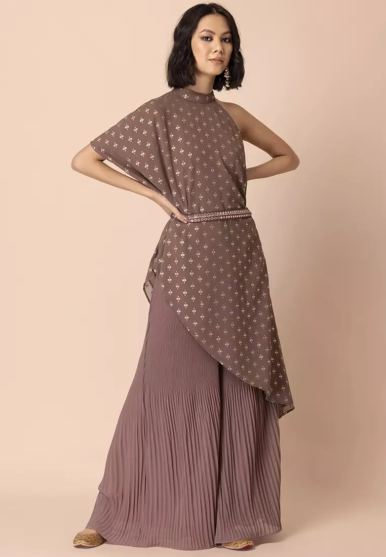Dusty Pink Foil One Shoulder Belted High Low Kurta
