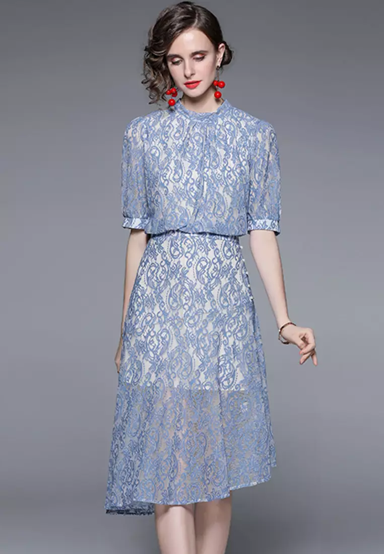 Buy Sunnydaysweety Elegant Hollow Lace Irregular One-Piece Dress ...