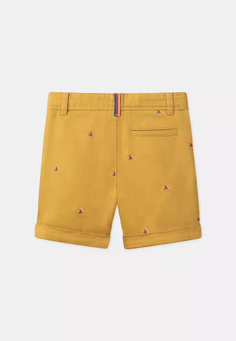 MUSTARD SHORTS WITH MULTICOLOURED SHARK FIN EMBROIDERIES