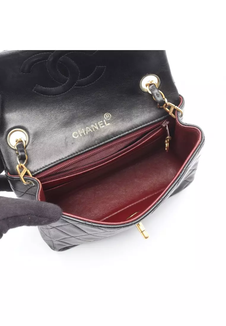 Pre-Loved Chanel mini matelasse chain shoulder bag lambskin black gold hardware