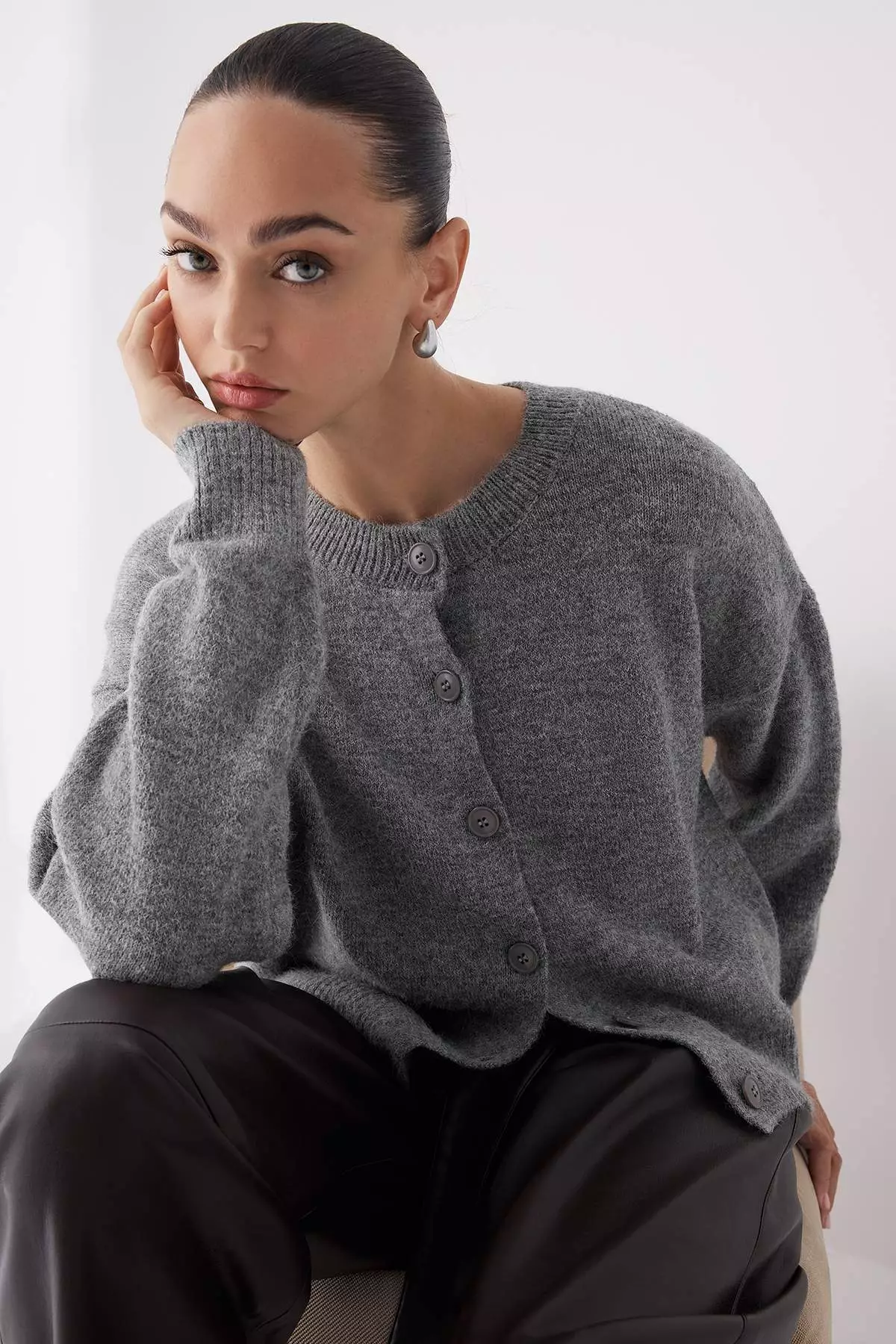 Anthracite Alpaca Wool Blended Wide Fit Knitwear Cardigan