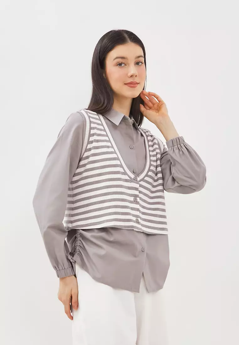 Jual Graphis GRAPHIS Side Ruched Shirt with Stripe Vest Set Original ...