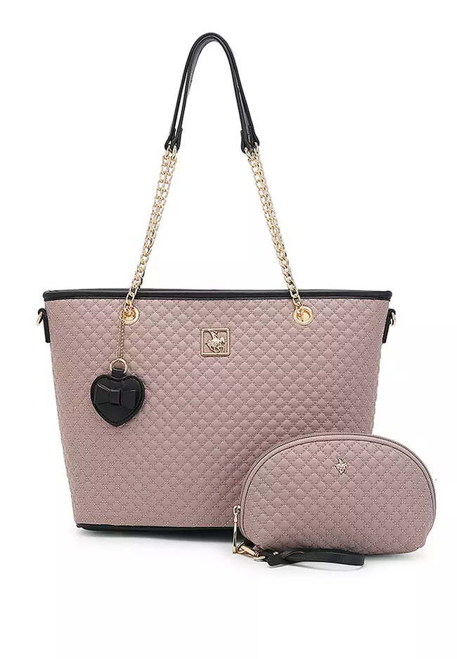 Women s 3 in 1 Quilted Bag Tote Bag Wallet Pouch Pink