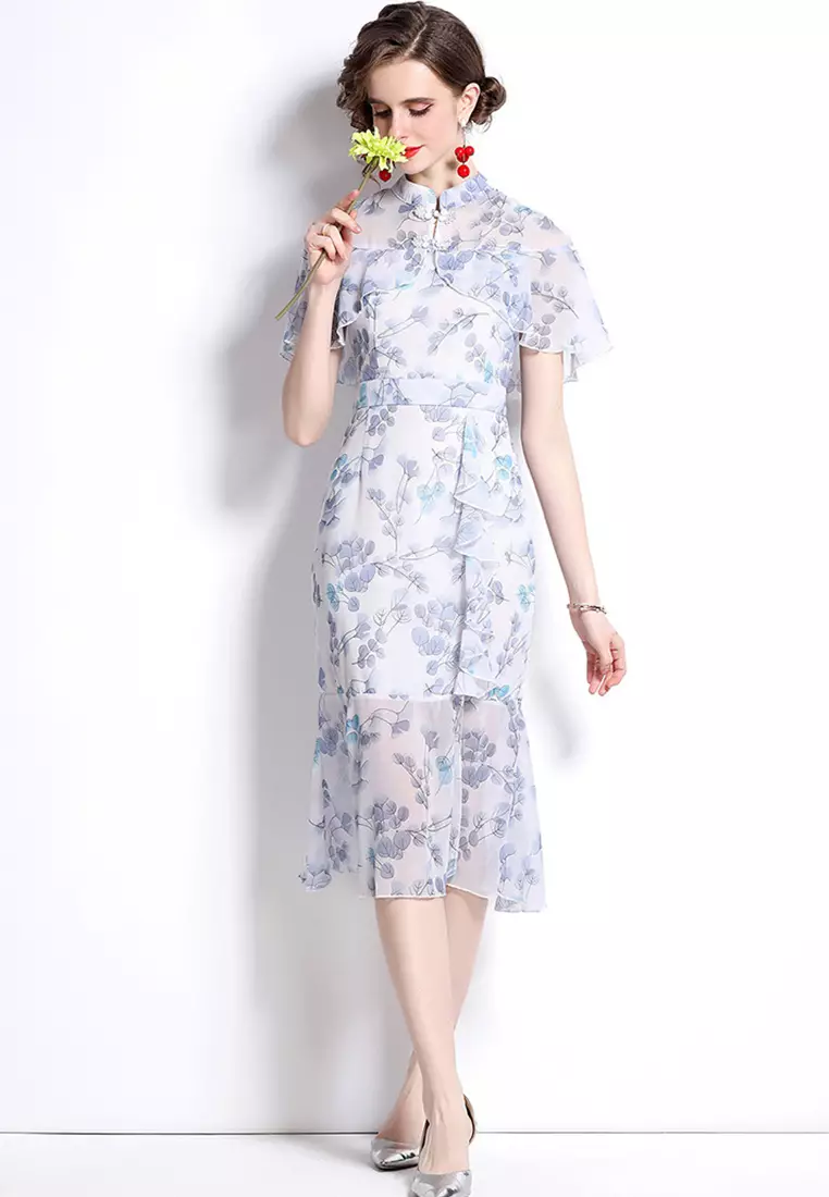 Chinese Cheongsam Style Exquisite Flower Lotus Collar One-piece Dress A22102506