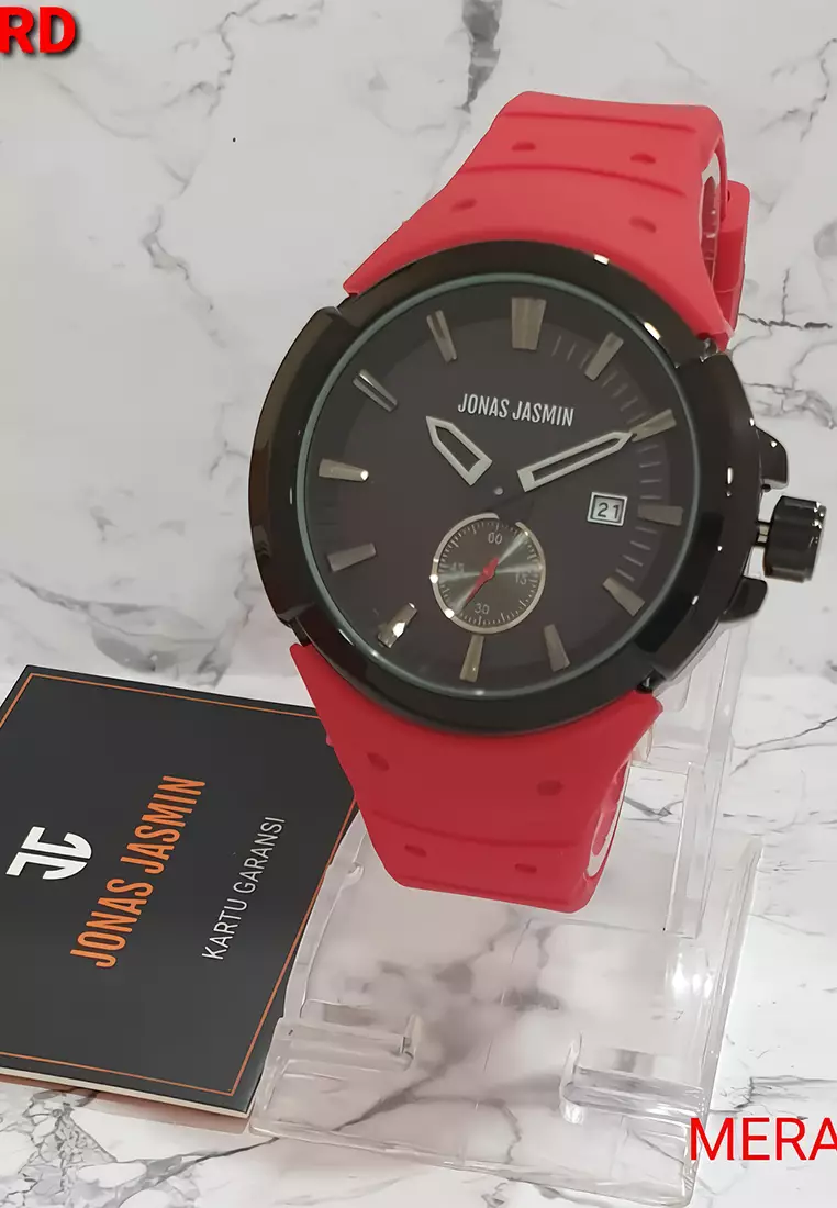 Jonas Jasmin - Jam Tangan Analog Pria - Black - Red Rubber Strap - JJ5304M-RD