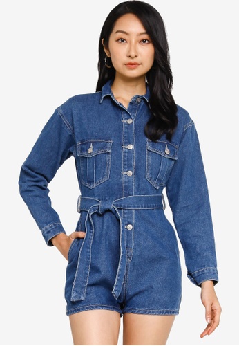 ZALORA BASICS blue Long Sleeves Playsuit with Self Tie 32DA1AA2F7061AGS_1