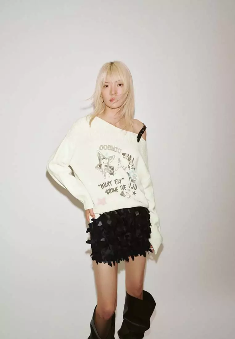 Asymmetric Neck Cat Graphic Print Off Shoulder Loose Knit Top
