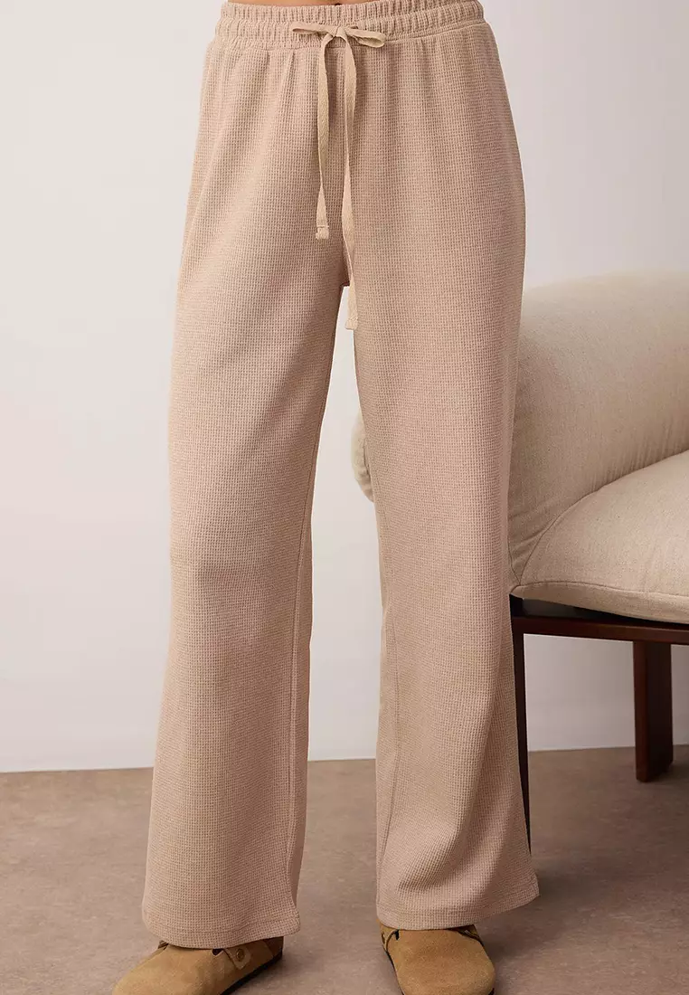 Beige Waist Tie Detailed Waffle Knit Pajama Set