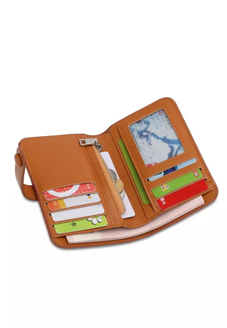 Women's Pin Button Bi Fold Leather Short Wallet / Purse With Coin Compartment