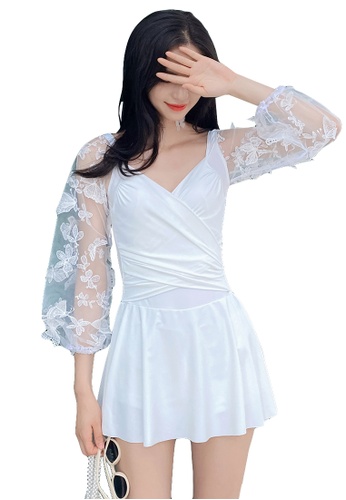 A-IN GIRLS white Elegant Gauze Flower One-Piece Swimsuit CB1A9US5F6C83CGS_1