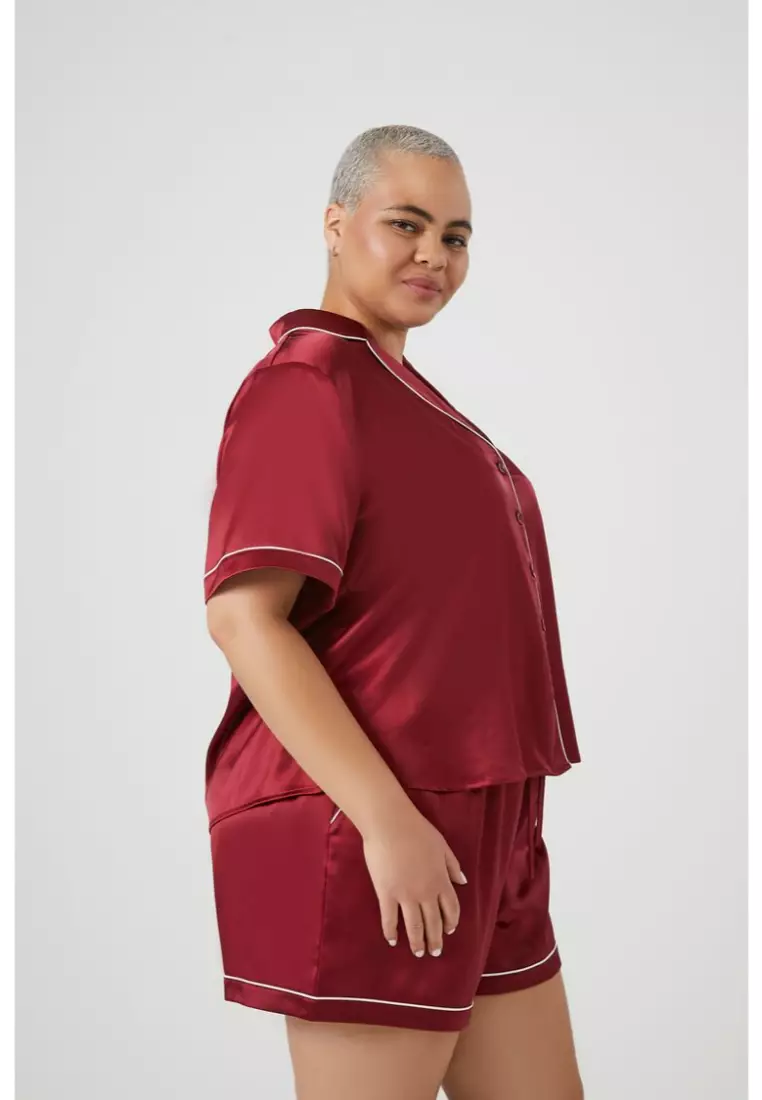 Buy FOREVER 21 Plus Size Satin Shirt Shorts Pajama Set 2024