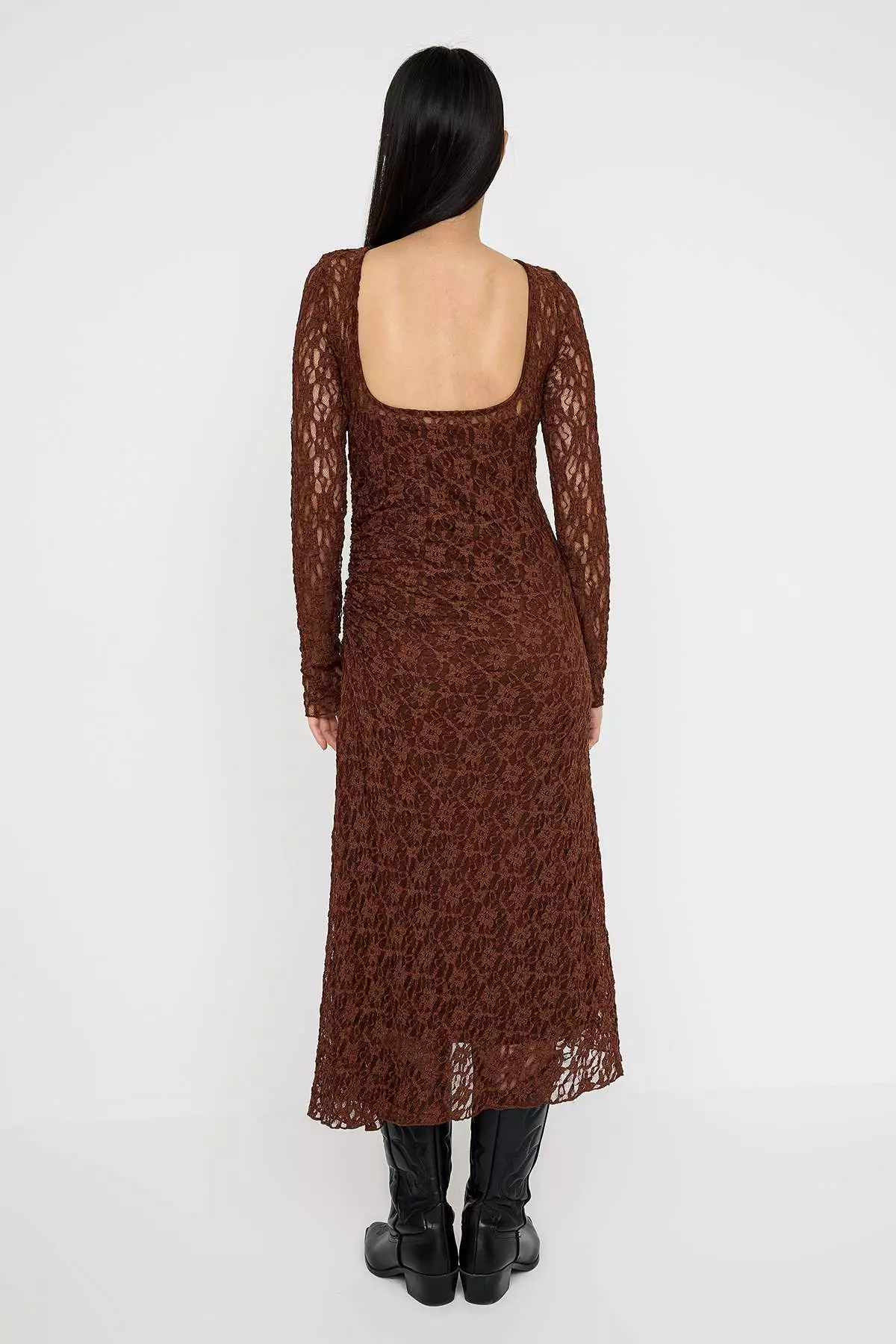Brown Lace Bodycon Midi Backless Lined Stretch Knit Dress Twoaw26El00016
