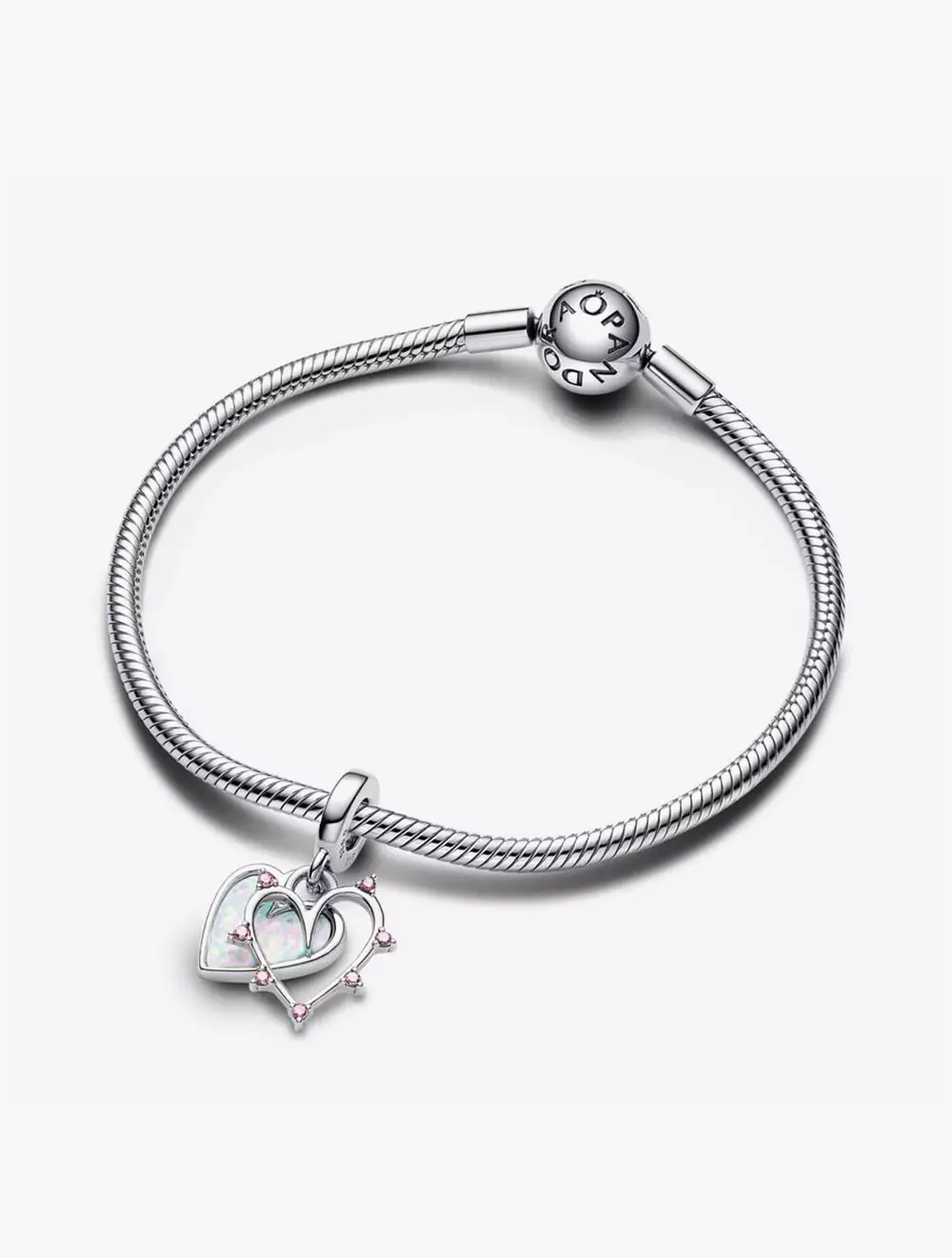 Hearts sterling silver double dangle with pink lab-created opal and fancy fairy tale pink cubic zirconia