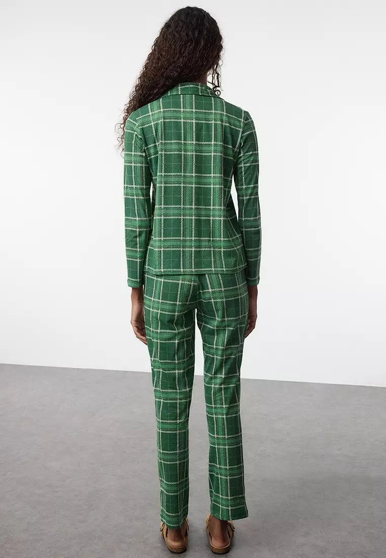 Green 100% Cotton Plaid Knitted Pajama Set