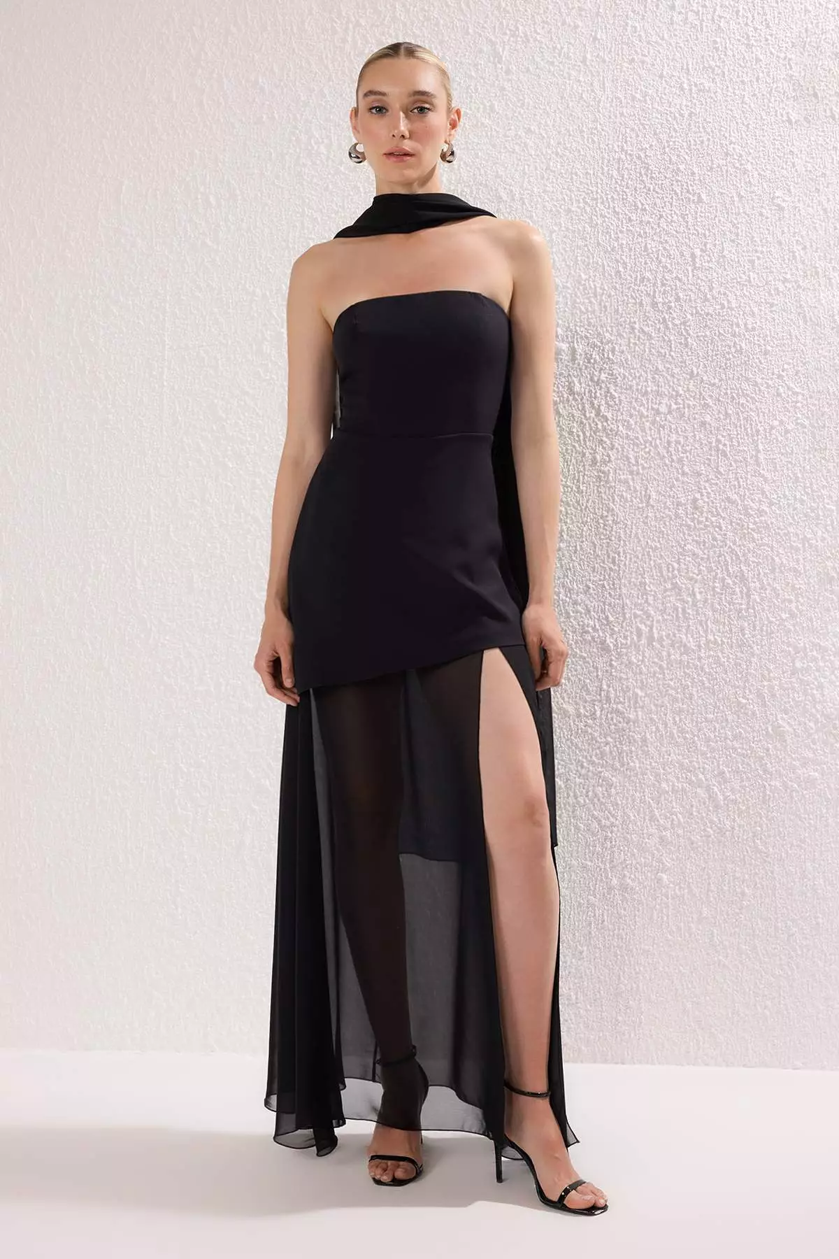 Black Shawl Detail Maxi Evening Dress