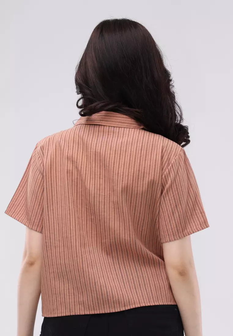 Woven Stripes Short Sleeves Collared Blouse
